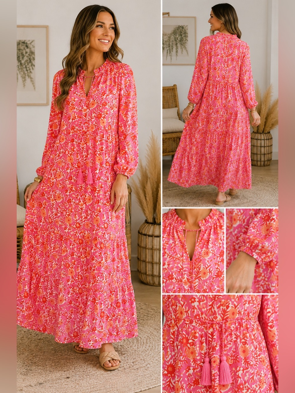 NWT Mud Pie Farris Maxi Dress L Pink Orange Floral Tiered Peasant Boho